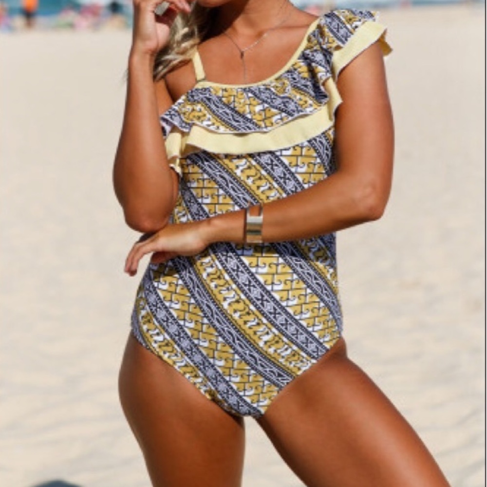 Plus Ruffle One Shoulder Teddy Swimsuit 1X & 2X - Picture 5 of 5